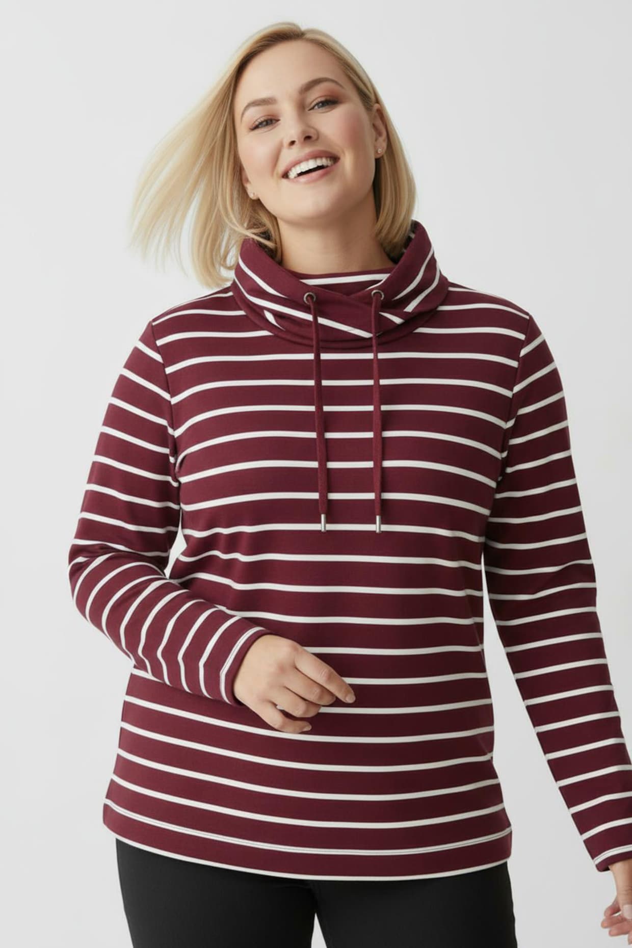 Sweatshirt mit überlappendem Rollkragen - dunkelrot-weiß-geringelt