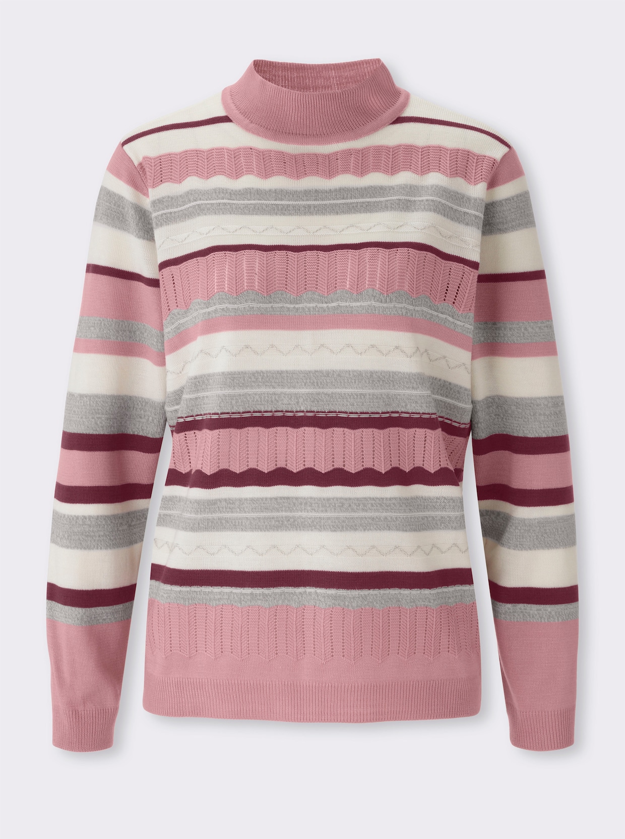 Pullover met opstaande kraag met strepenpatroon en ajour - hortensia/ecru gedessineerd