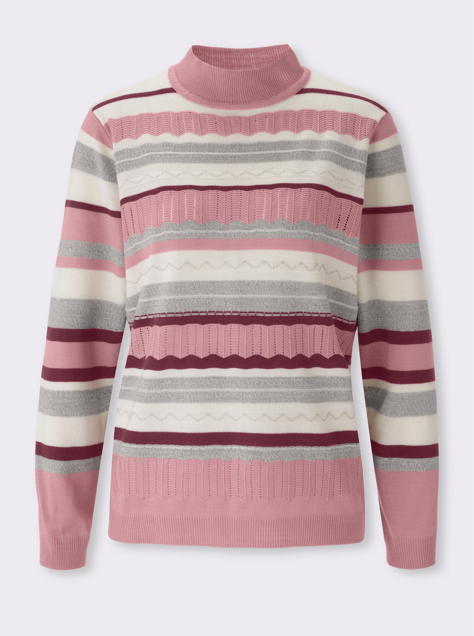 Svetr se stojáčkem s proužkovaným vzorem a ažurem - hortenzie-ecru-vzor