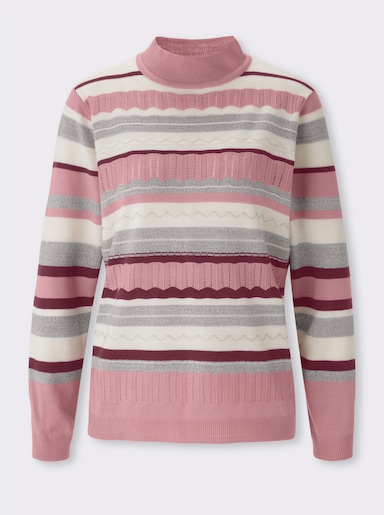 Pullover met opstaande kraag met strepenpatroon en ajour - hortensia/ecru gedessineerd