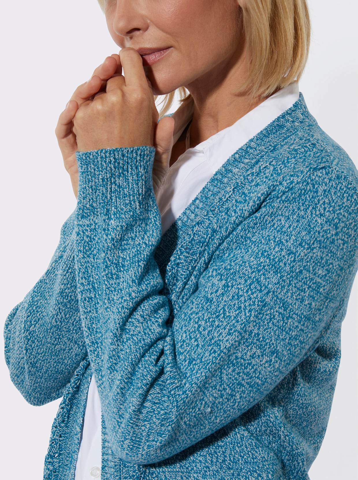 Strickjacke - aquapetrol-ecru-meliert