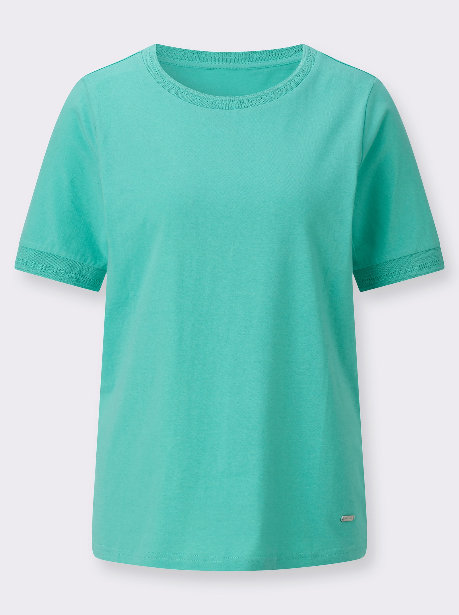 Rundhalsshirt mit Ajourmuster an Kragen und Ärmeln - blaugrün
