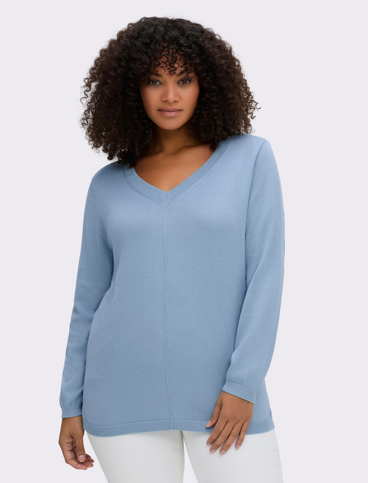 V-Ausschnitt-Pullover mit Biesen vorne - eisblau