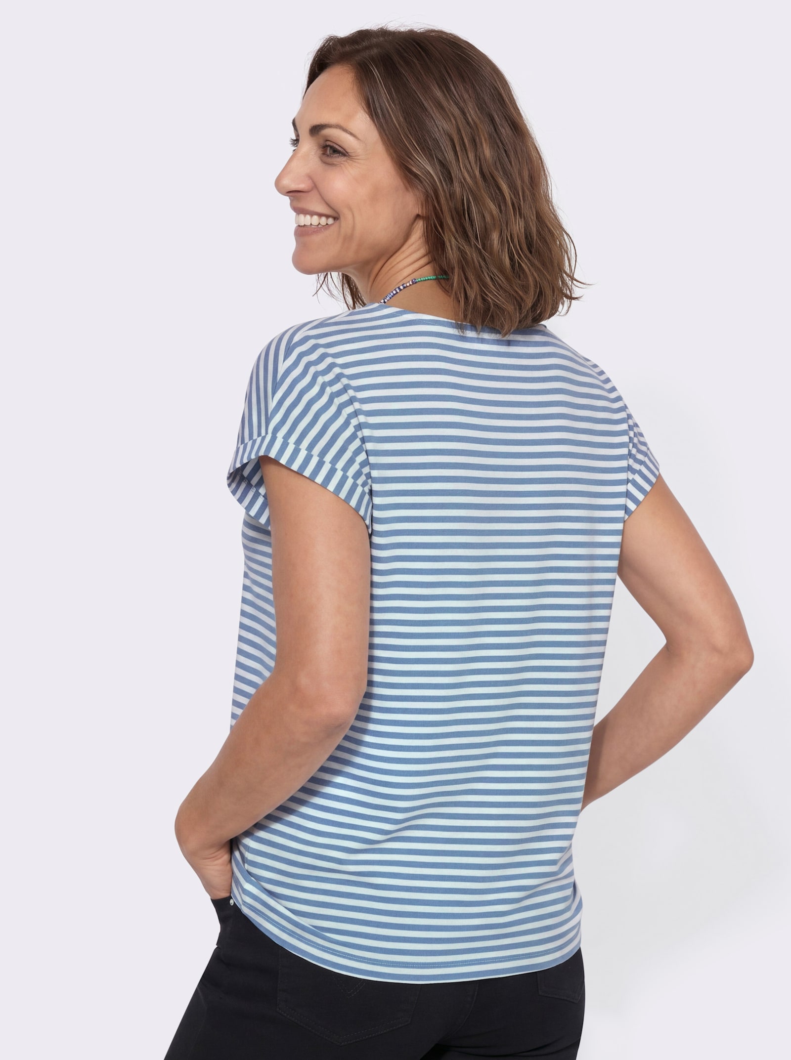 Ringelshirt mit Frontdruck - mittelblau-ecru-geringelt