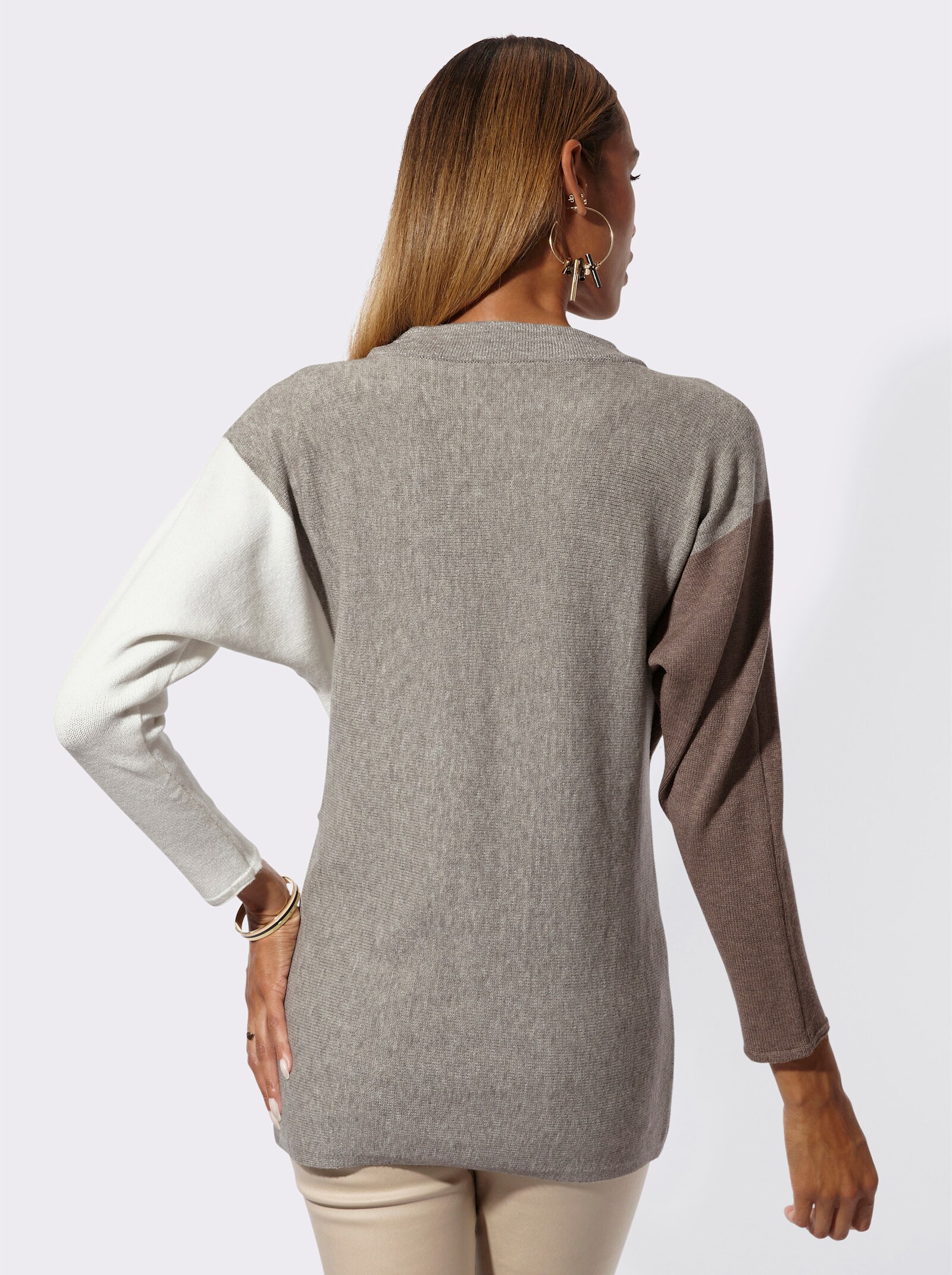 Fledermauspullover mit Glitzergarn-Partien - steingrau-ecru-gemustert