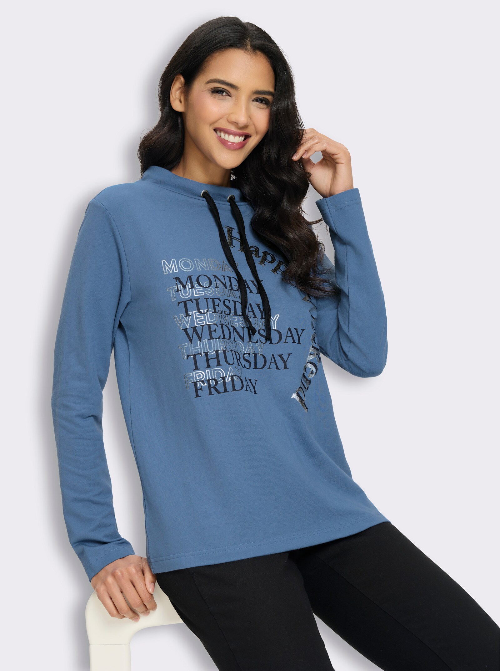 Sweatshirt mit halsfernem Stehkragen - mittelblau-marine-bedruckt