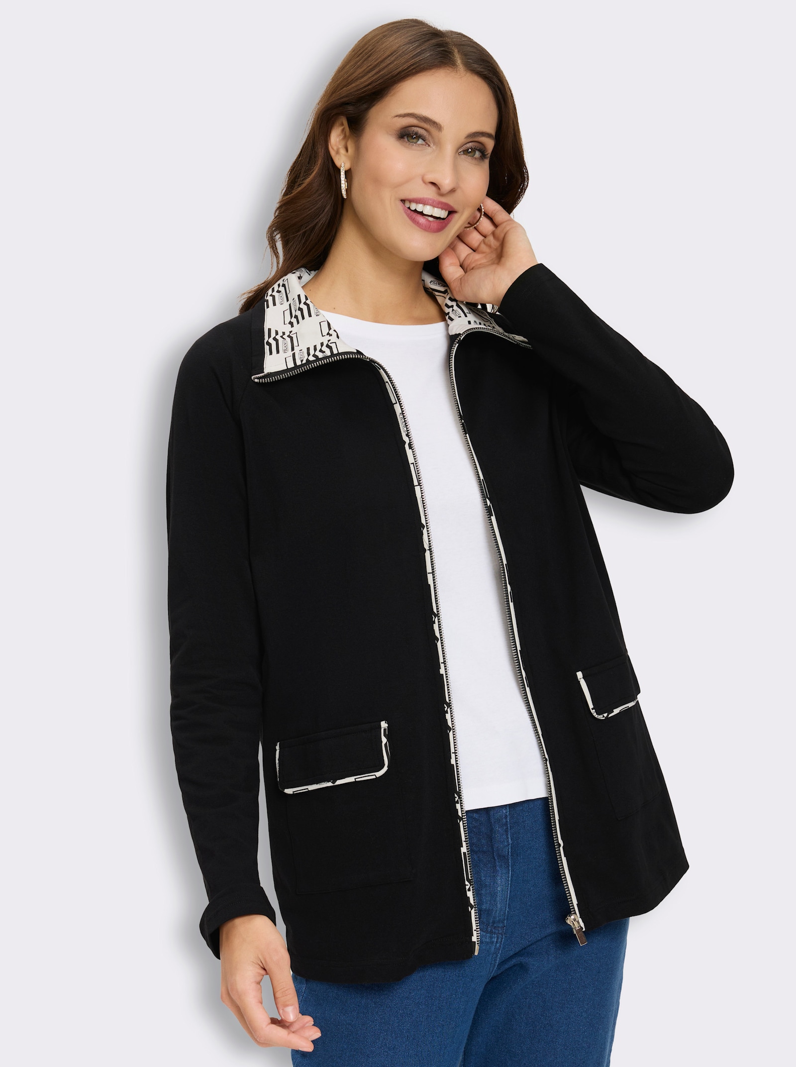 Shirtjacke mit aufgesetzten Pattentaschen - schwarz-ecru