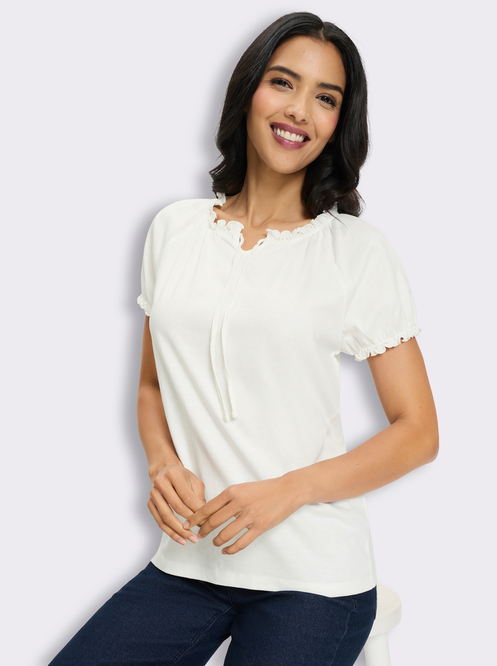 Trachtenshirt mit Rüschen und Bindeband - ecru