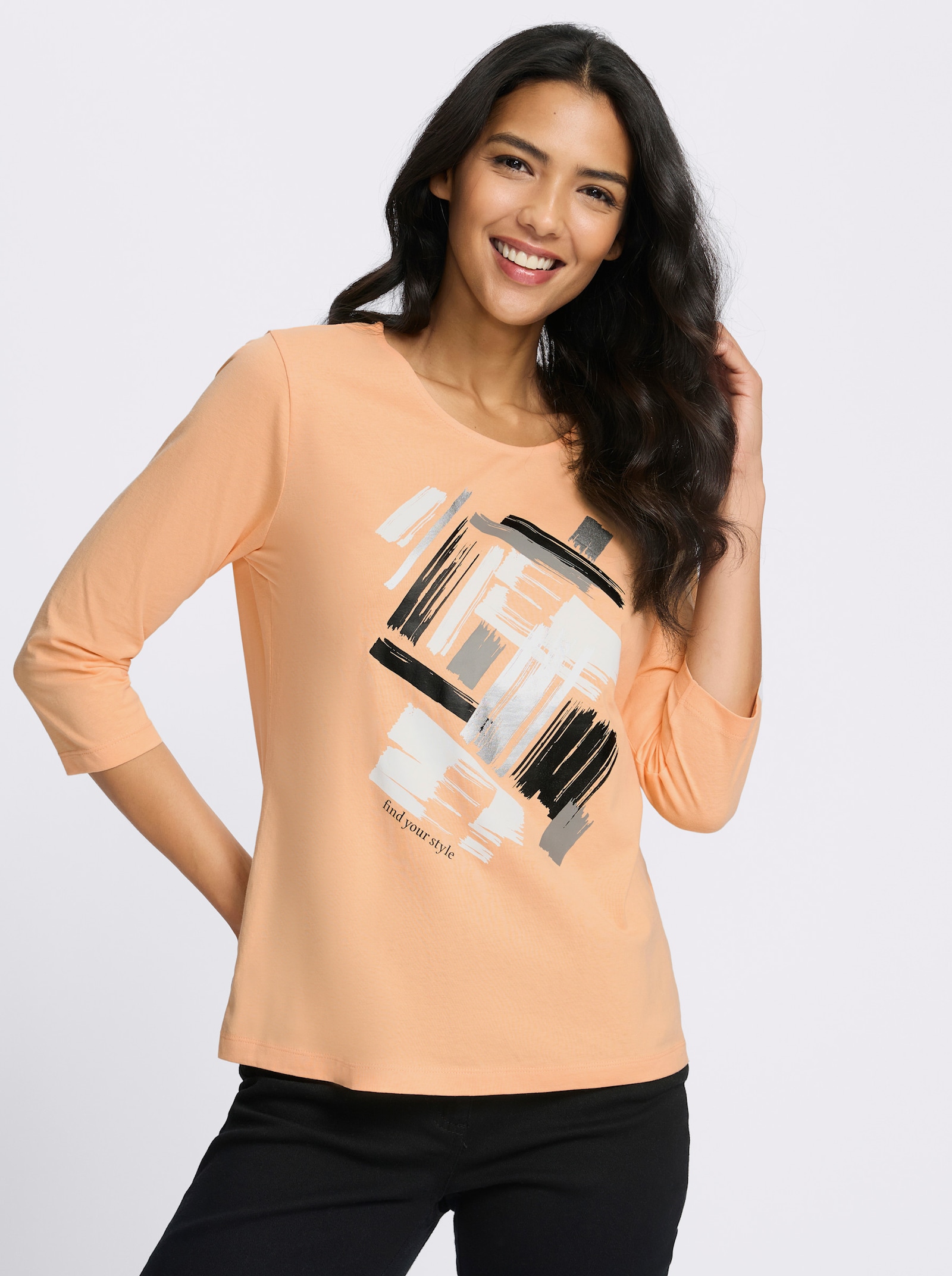 3/4-Arm-Shirt mit glänzendem Druck - apricot-schwarz
