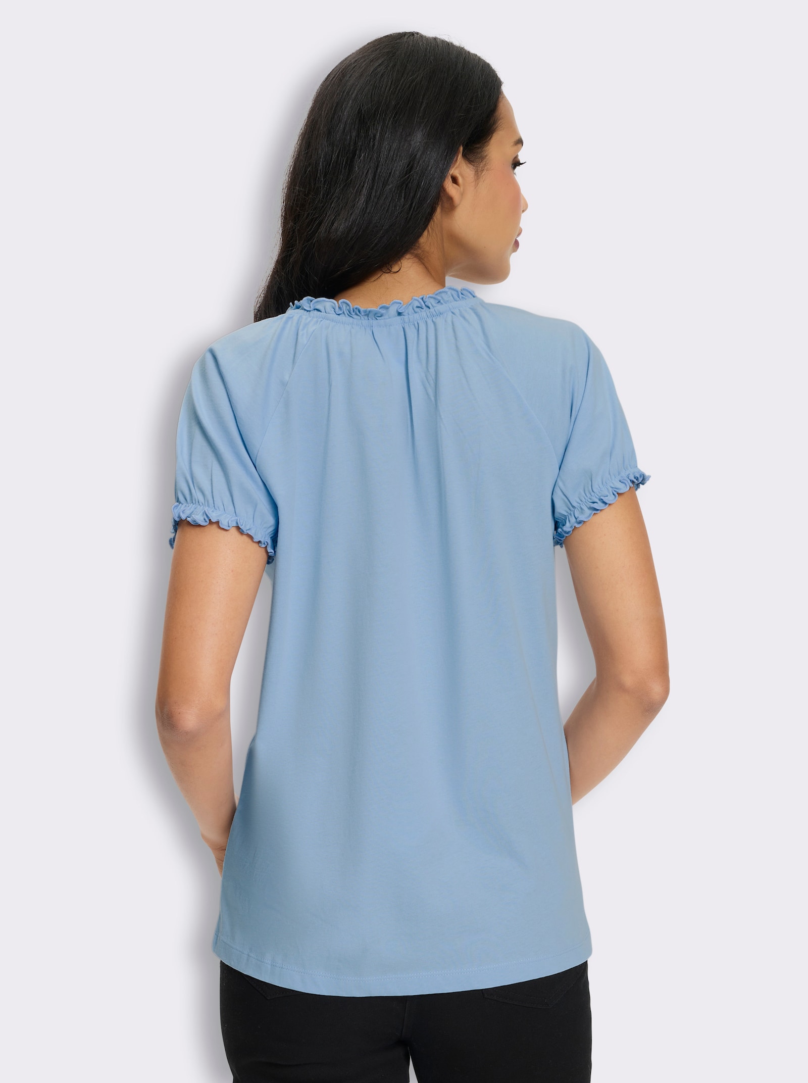 Trachtenshirt mit Rüschen und Bindeband - eisblau