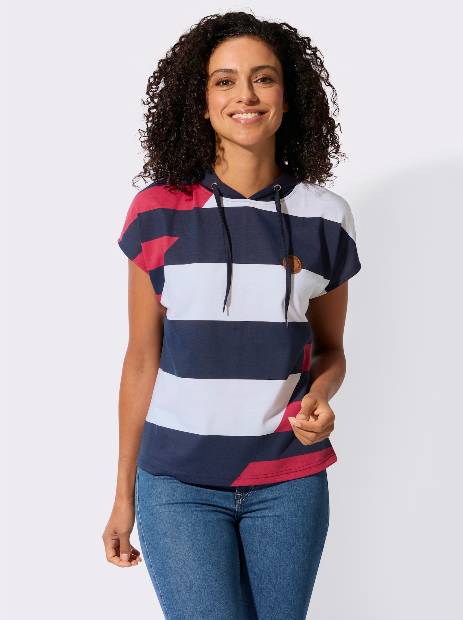 Kapuzenshirt mit überschnittenen Schultern - marine-weiß-gemustert