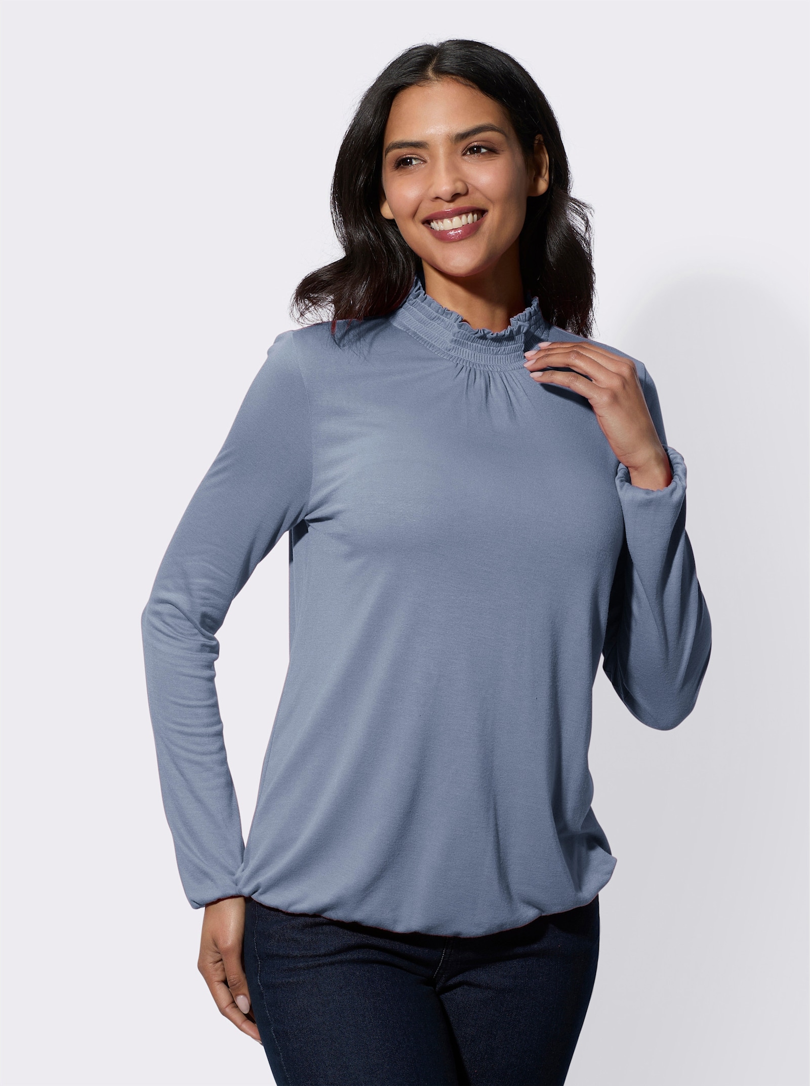 Stehkragenshirt aus reiner Viskose - taubenblau