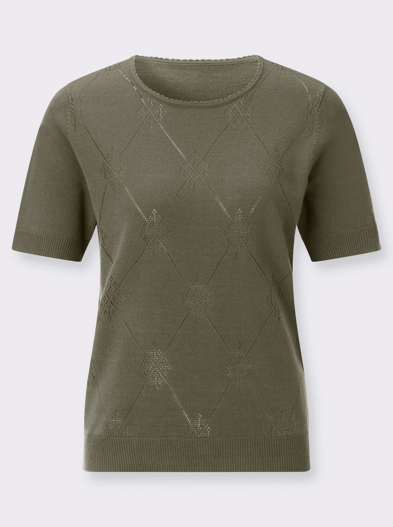 Rundhalspullover hinten glatt gestrickt - khaki