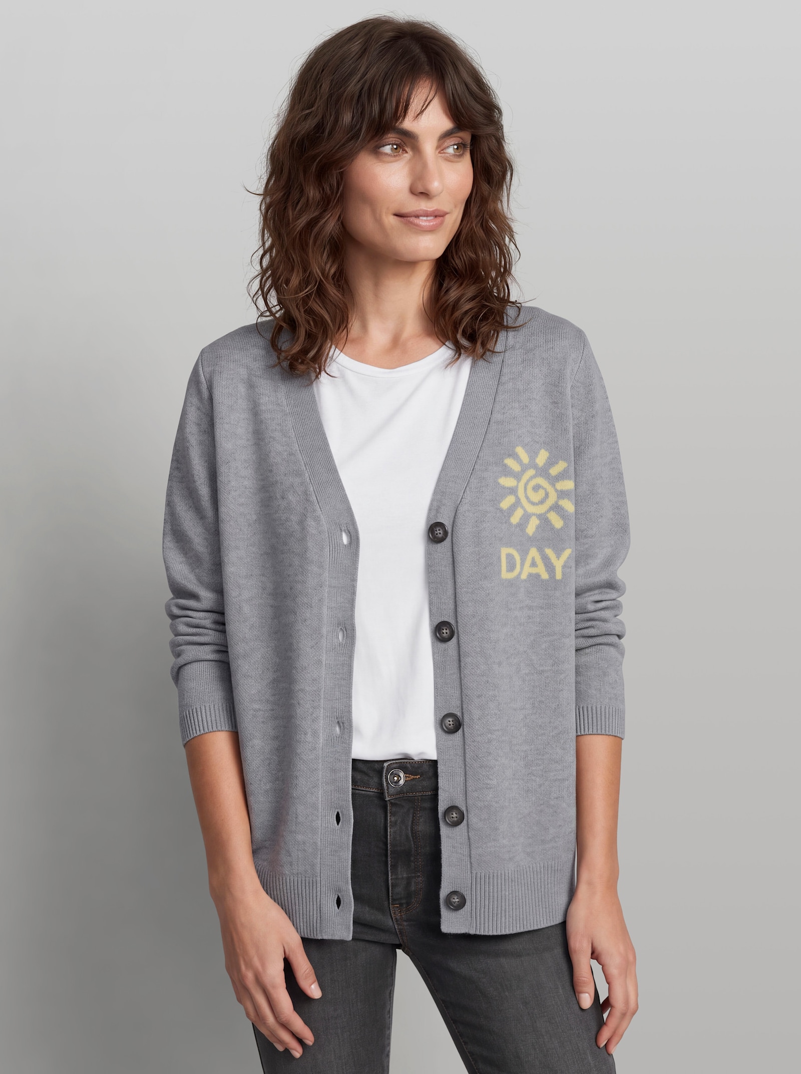 heine Strickjacke mit Jacquard-Schriftzug - steingrau-meliert
