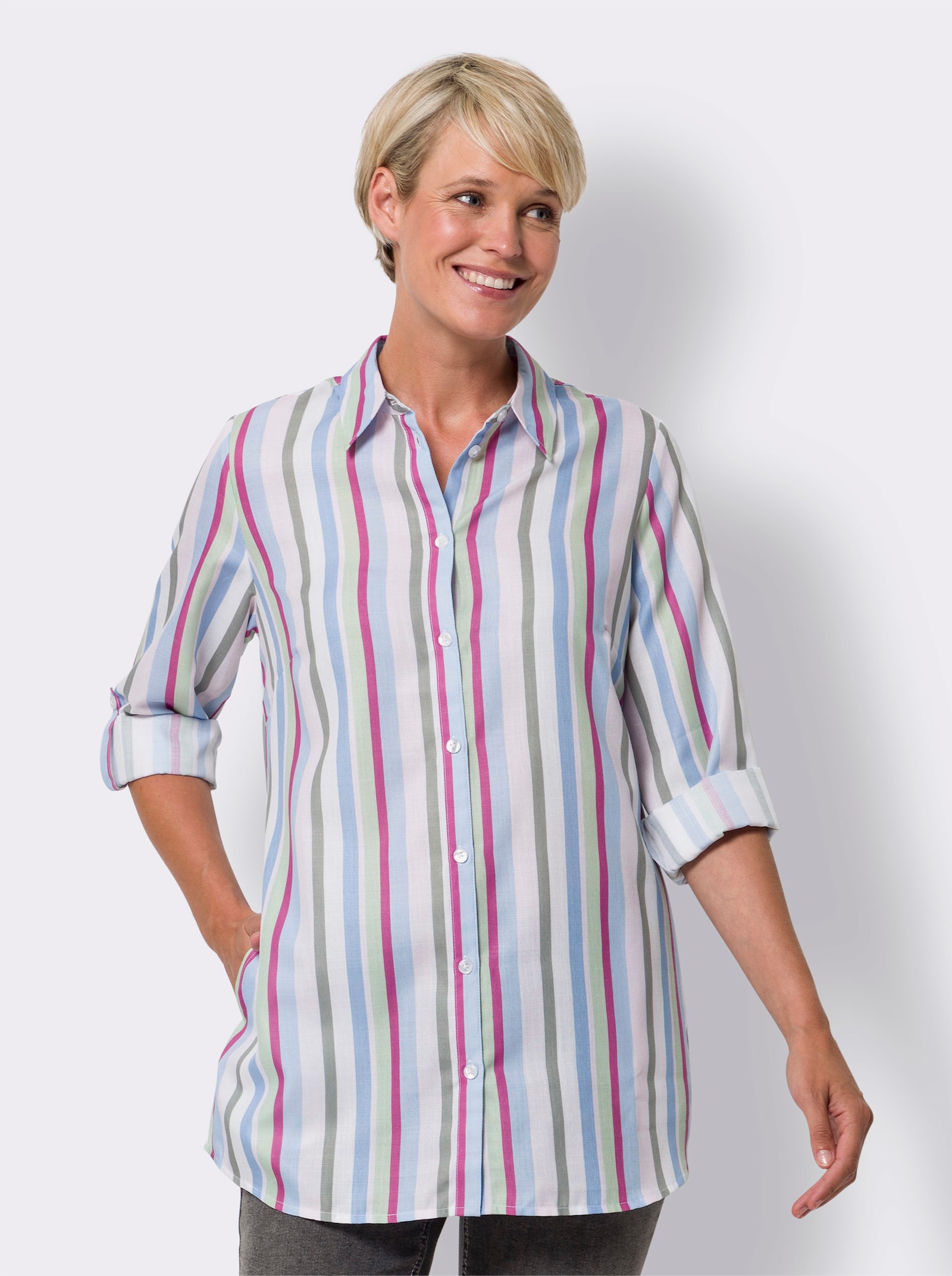 Lange blouse met verticaal streepdessin - ecru/fuchsia gestreept