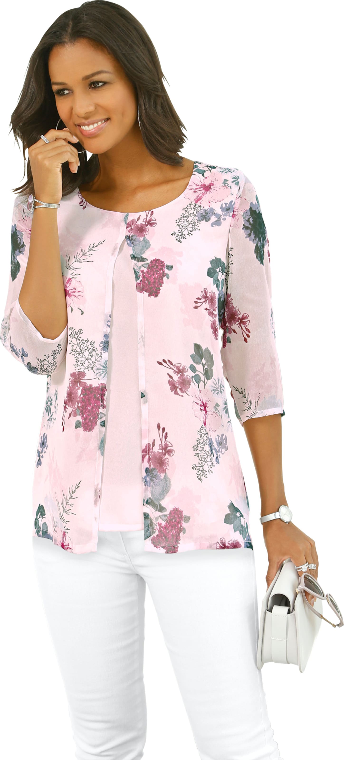 Comfortabele blouse in roze geprint van heine