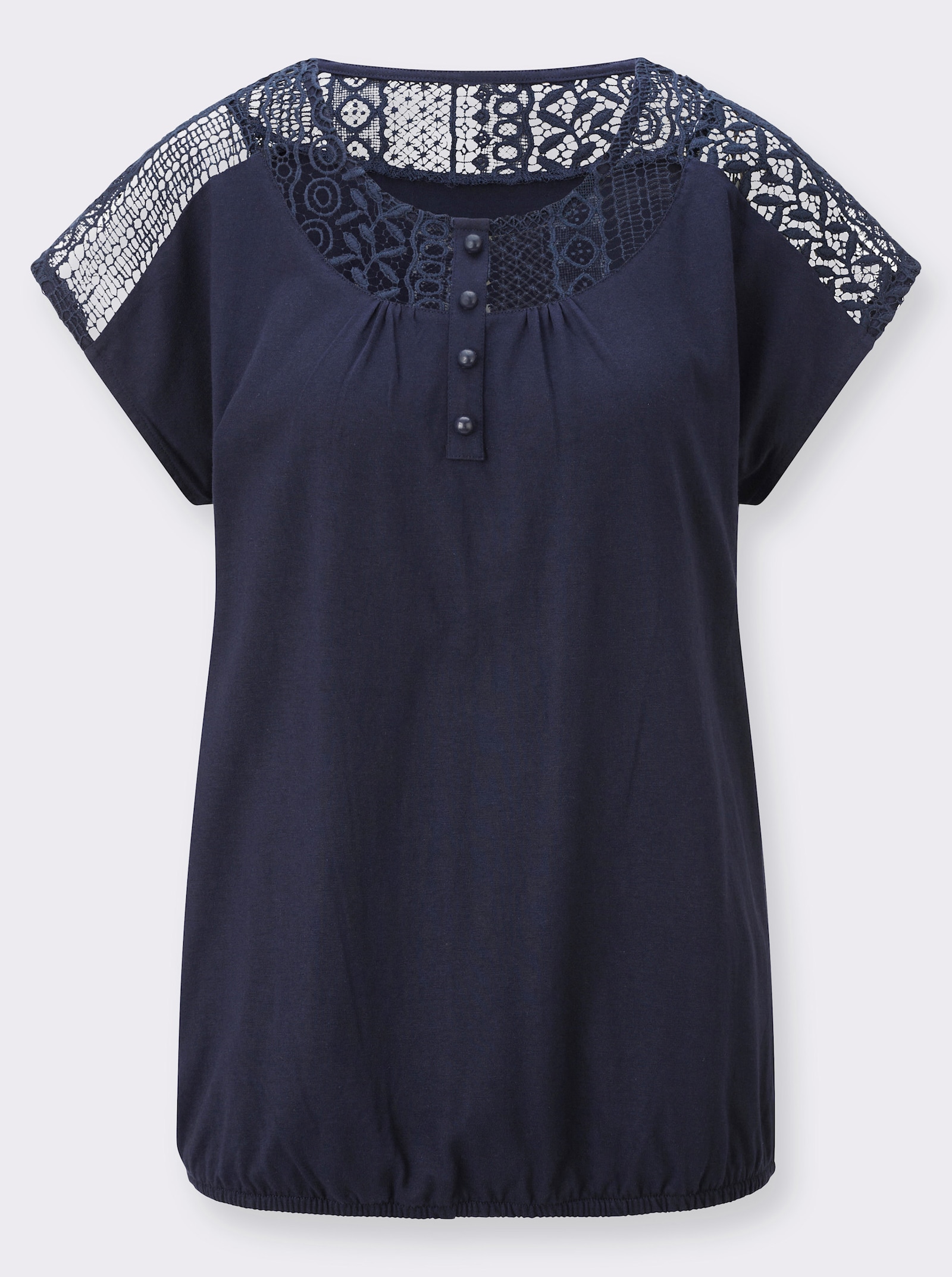 Kurzarmshirt mit Spitzeneinsatz - marine