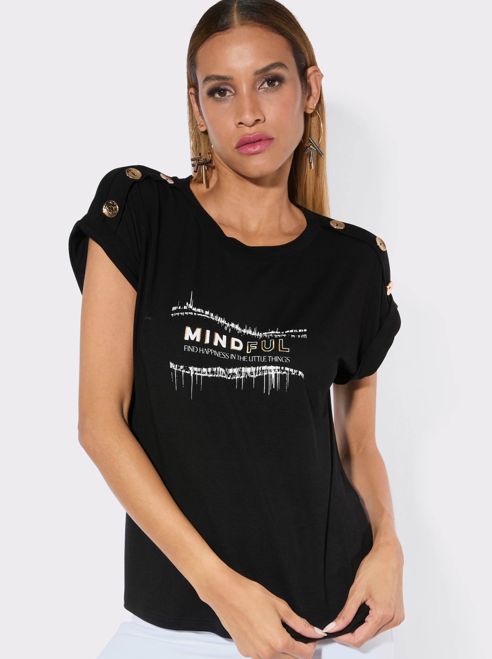 Rundhalsshirt mit goldfarbigem Folien-Druck - schwarz
