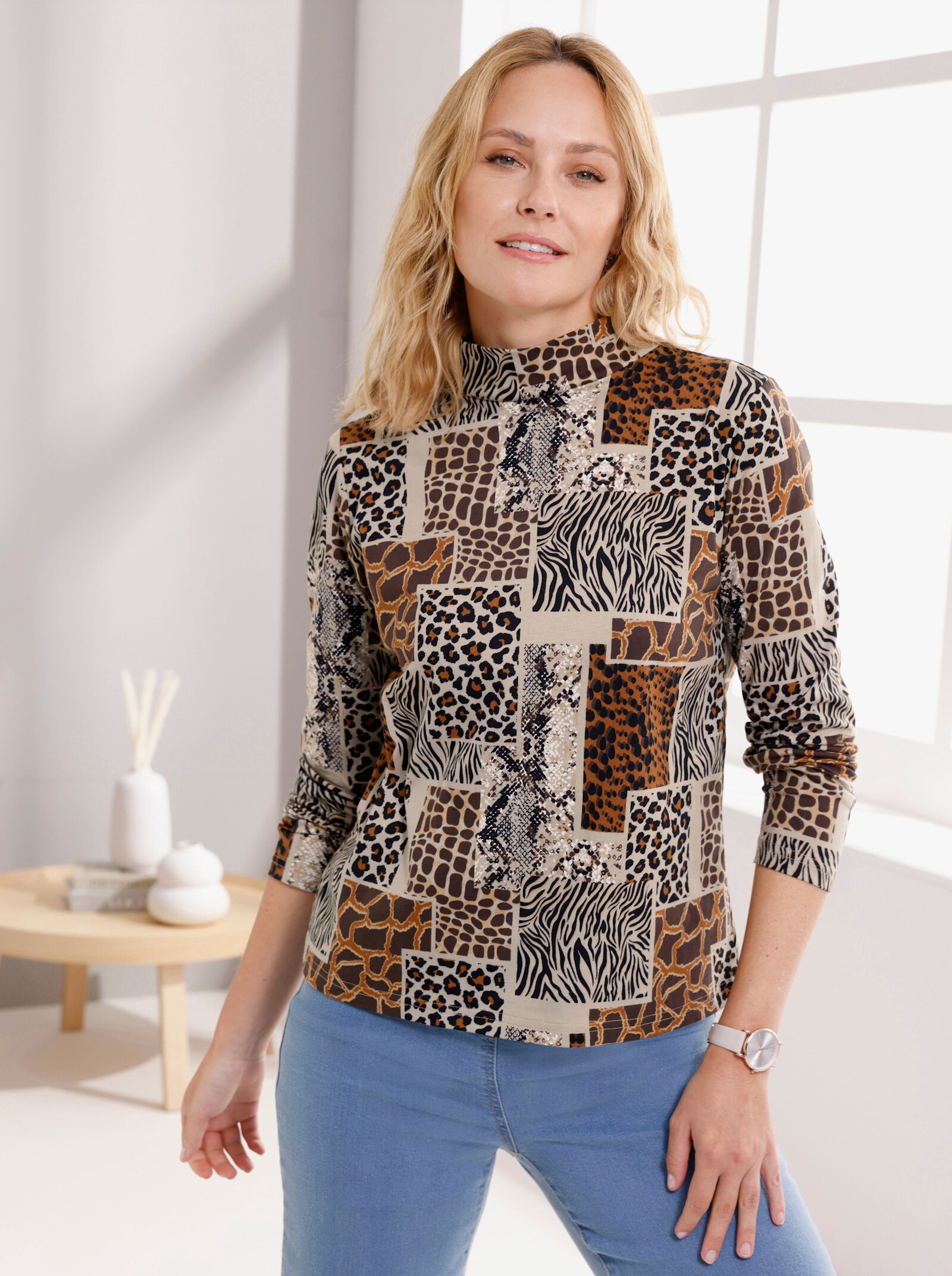 Stehkragenshirt mit Patchwork-Animal-Print - beige-schwarz-bedruckt