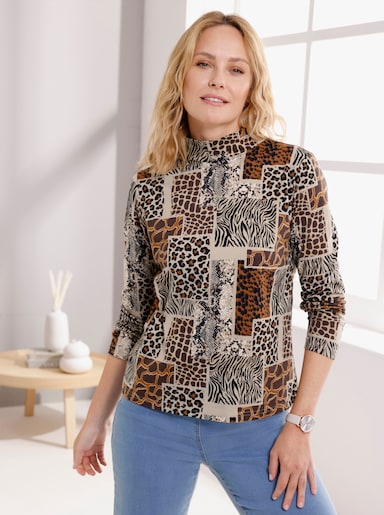 Stehkragenshirt mit Patchwork-Animal-Print - beige-schwarz-bedruckt