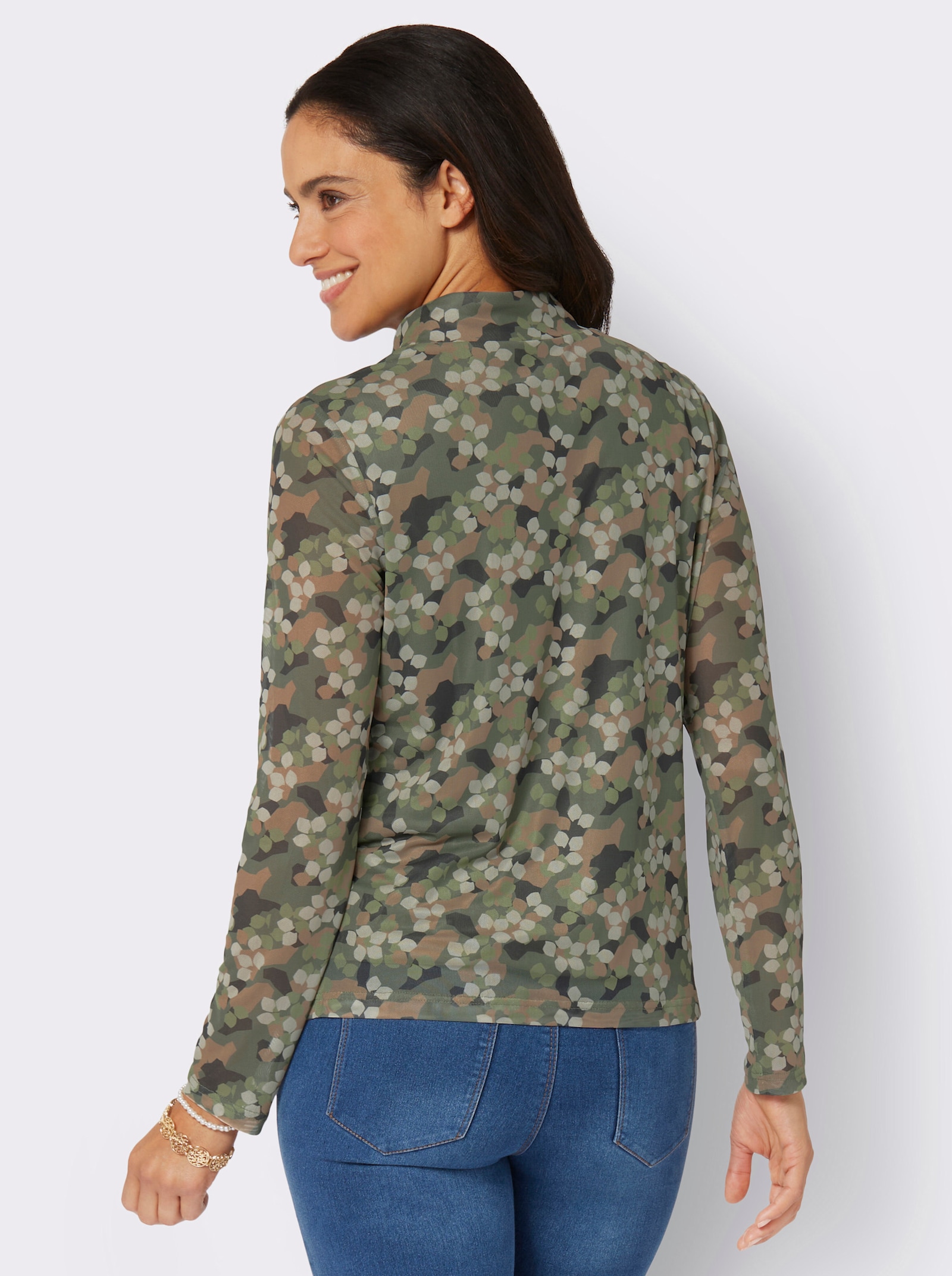 Shirt met opstaande kraag van mesh - kaki/zand/bedrukt