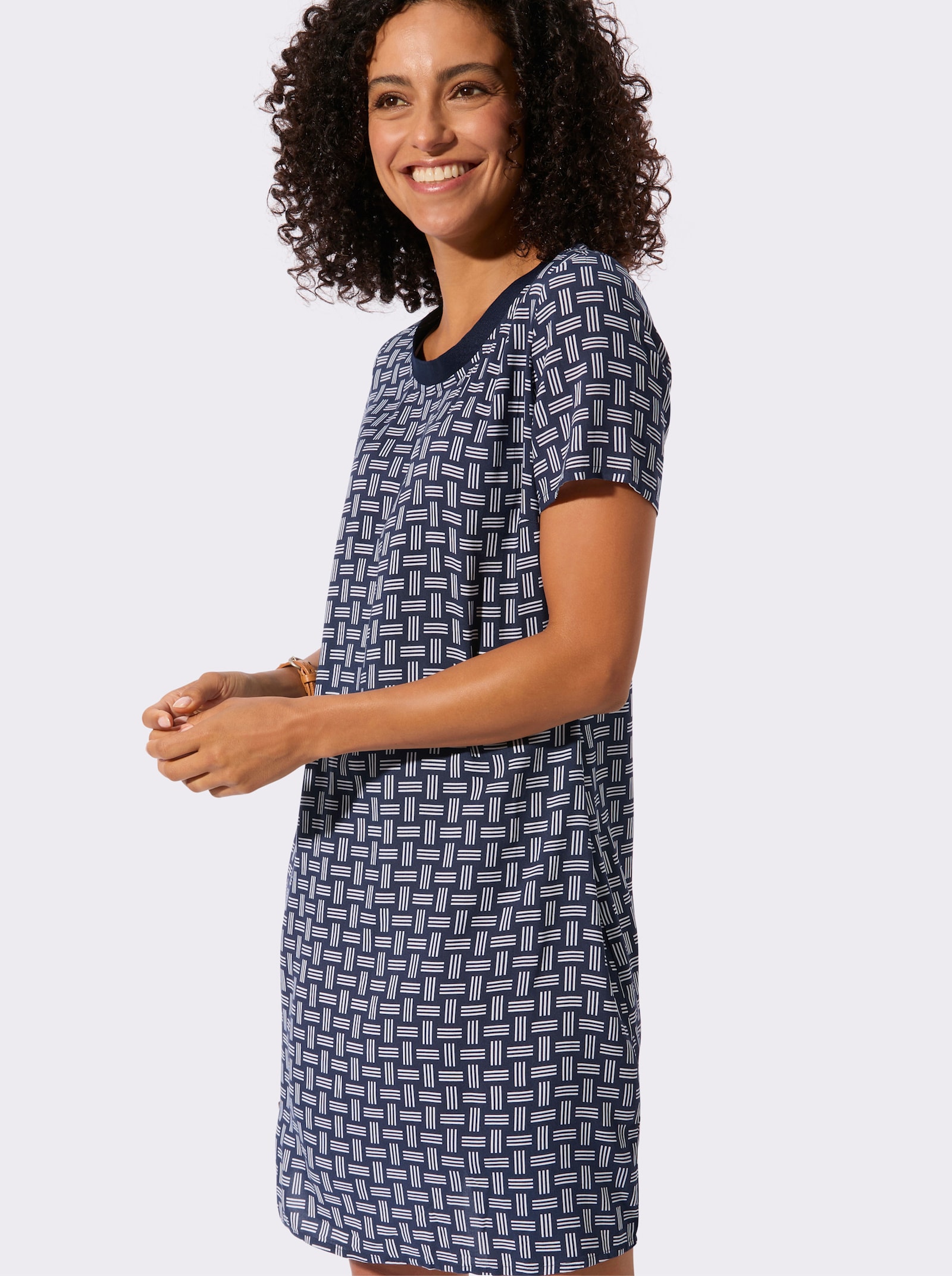Webkleid in figurfreundlicher A-Linie - marine-ecru-bedruckt