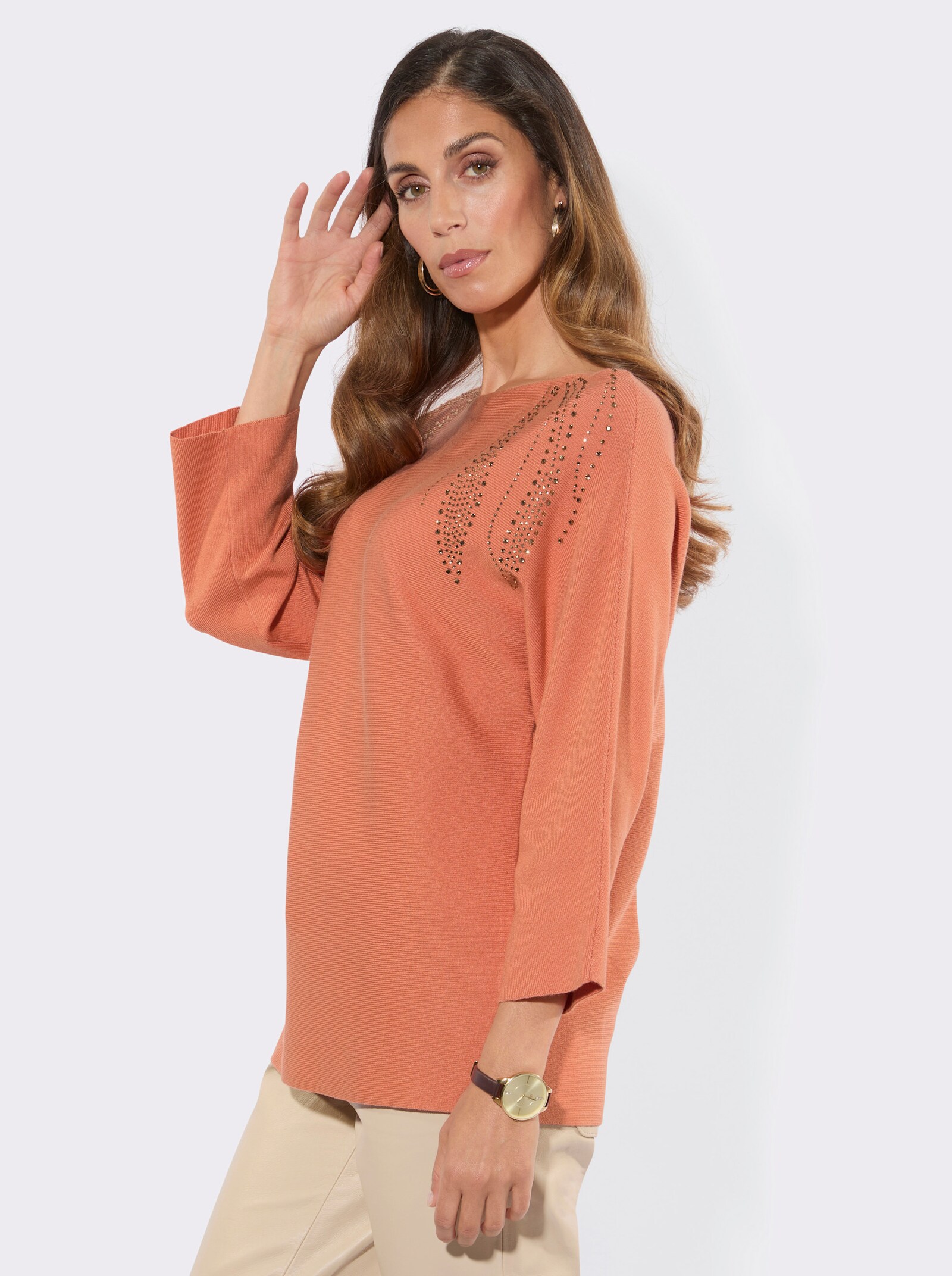 3/4-Arm-Pullover mit Fledermaus-Ärmeln - papaya
