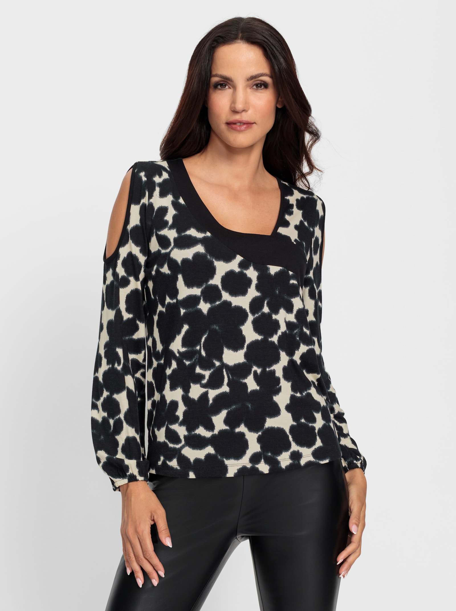 heine Print-Shirt mit Cut-outs - schwarz-champagner-bedruckt