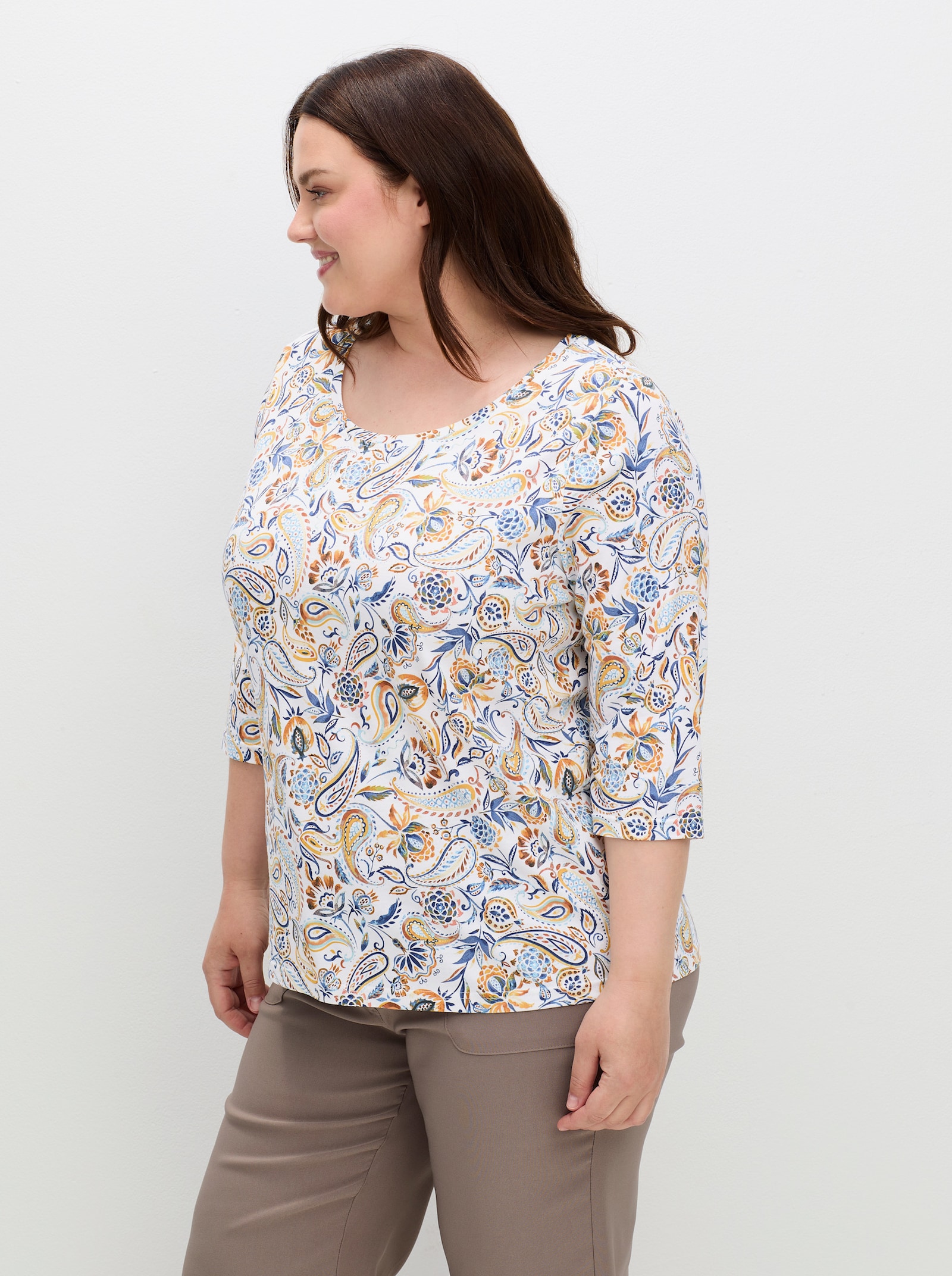 Print-Shirt mit 3/4-Ärmeln - ocker-jeansblau-bedruckt