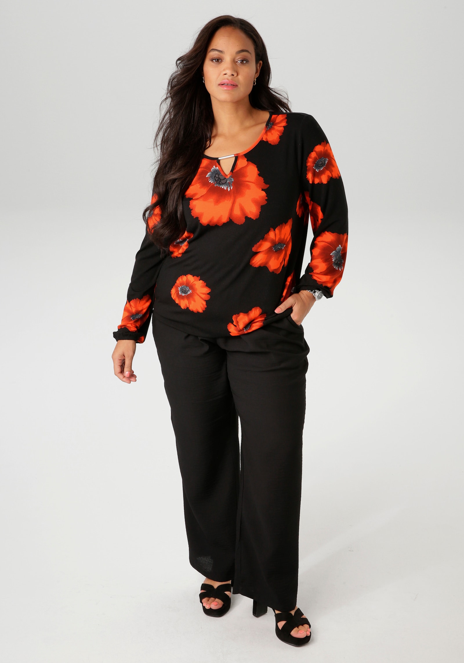 Aniston PLUS Langarmshirt - schwarz-orangerot-rostrotanthrazit-grau-weiß