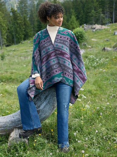 sheego by Joe Browns Gebreide poncho in open model - petrol/malve gedessineerd