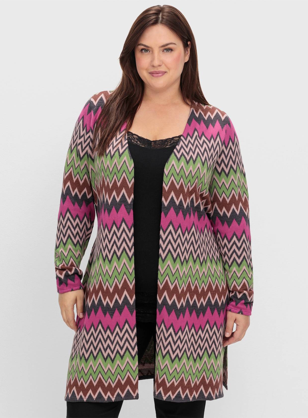 sheego by Joe Browns Lang gebreid vest - bessenrood gedessineerd
