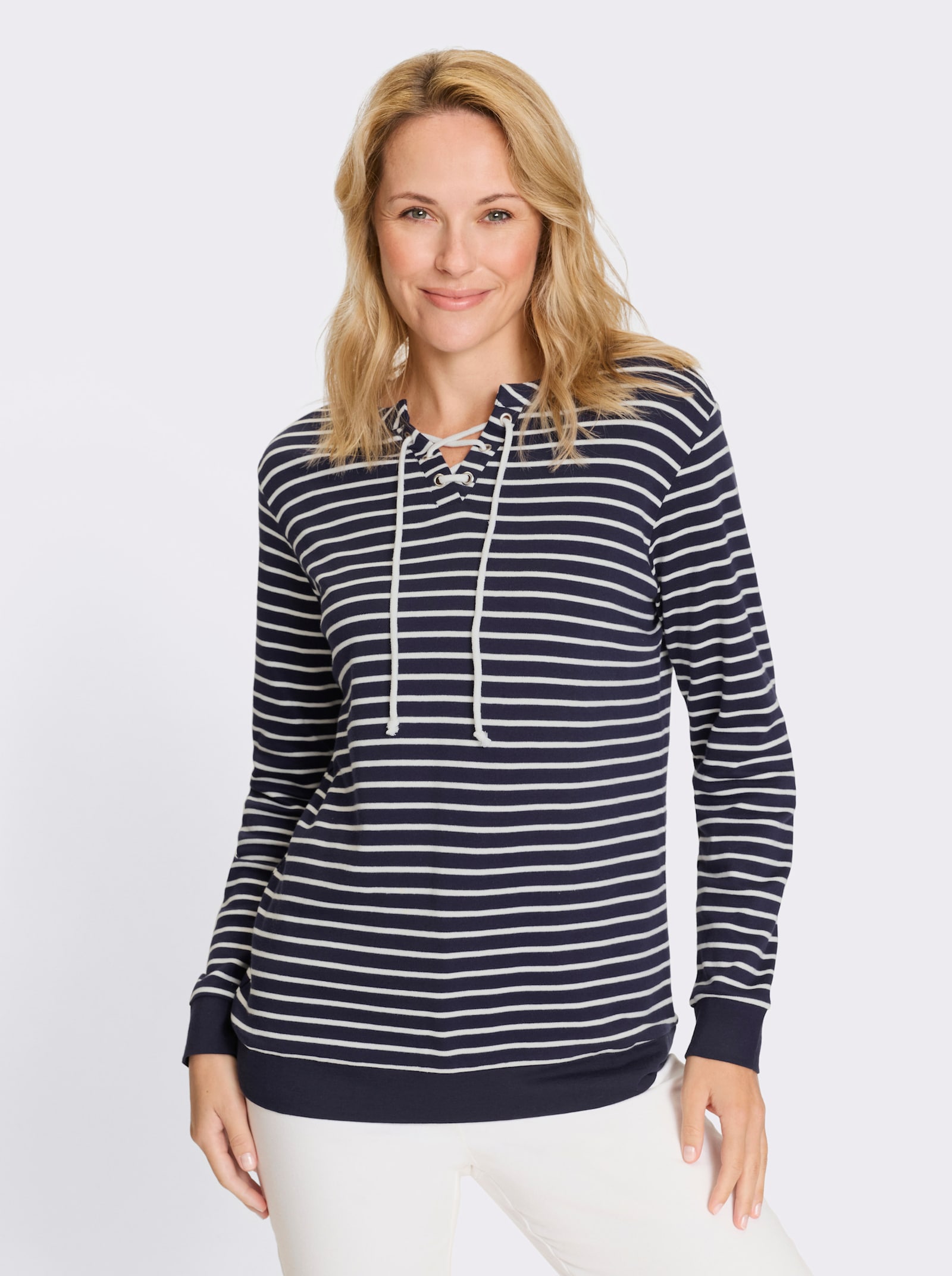 Sweatshirt aus Baumwolle, Interlock - marine-ecru-geringelt