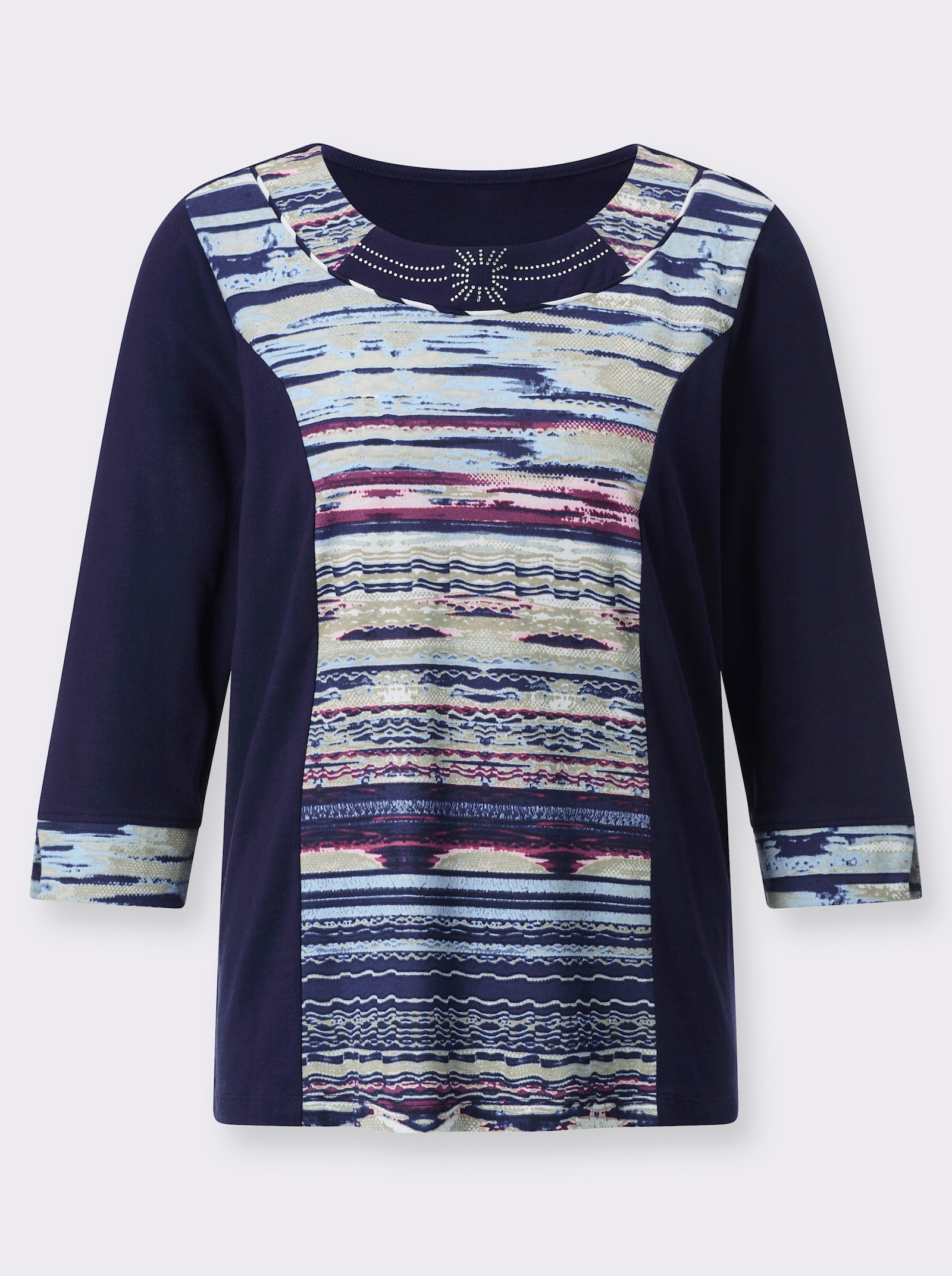 Kurzarmshirt mit Glitzersteinchen - marine-rosé-bedruckt