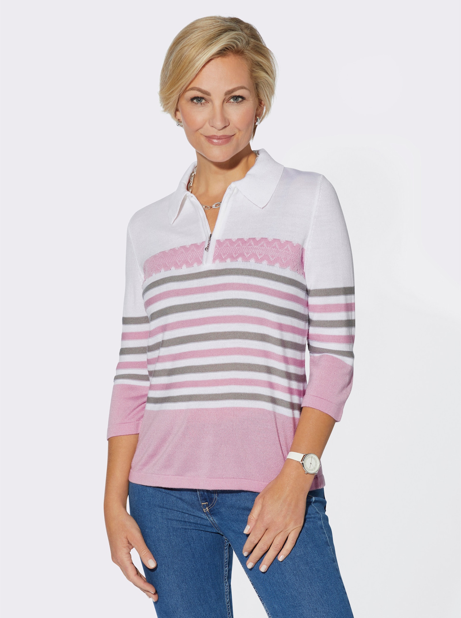 Polopullover mit Ringelmuster - rosé-steingrau-geringelt