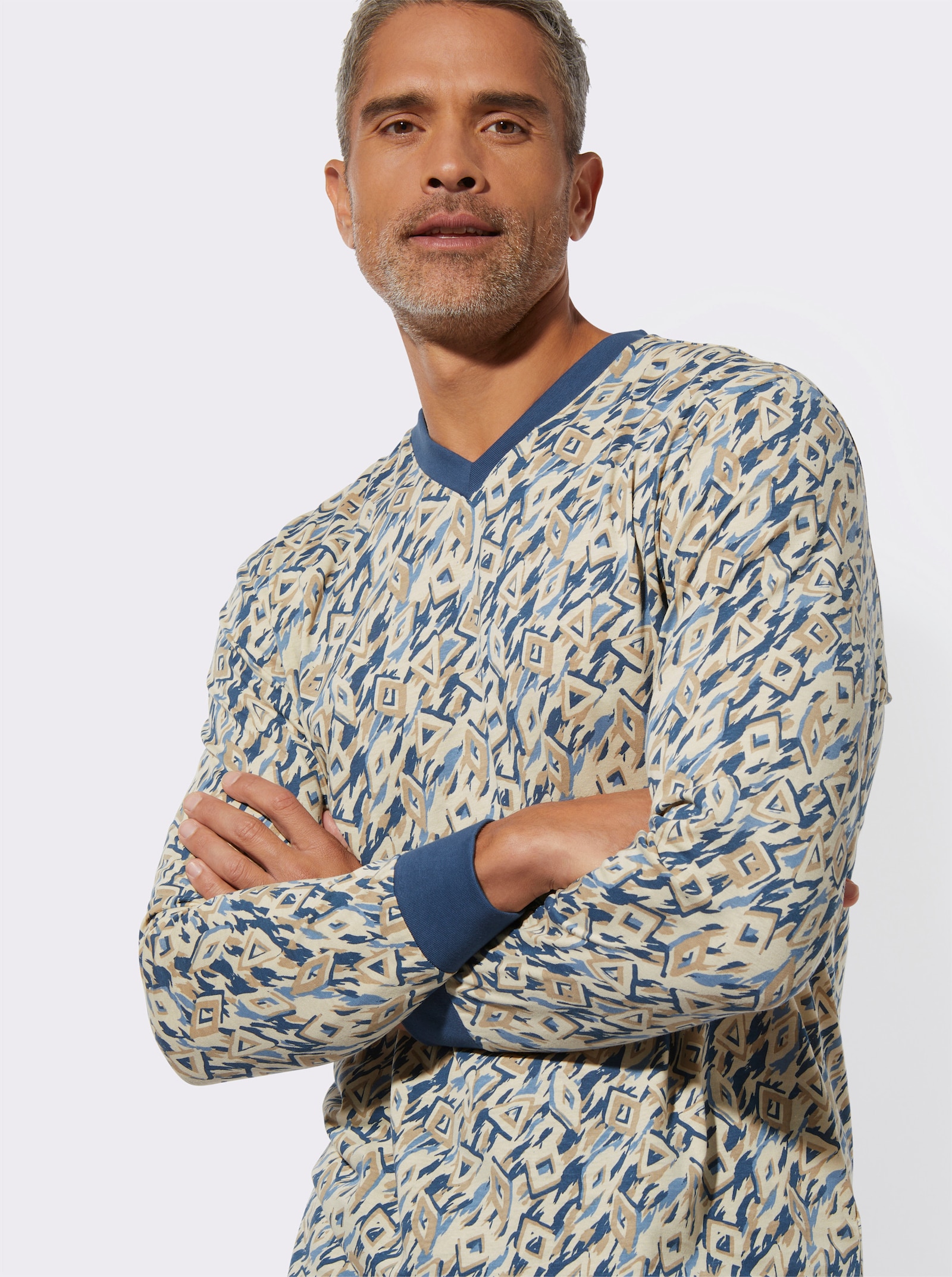 Pyjama met elastische ribboordjes - zand/jeansblauw bedrukt