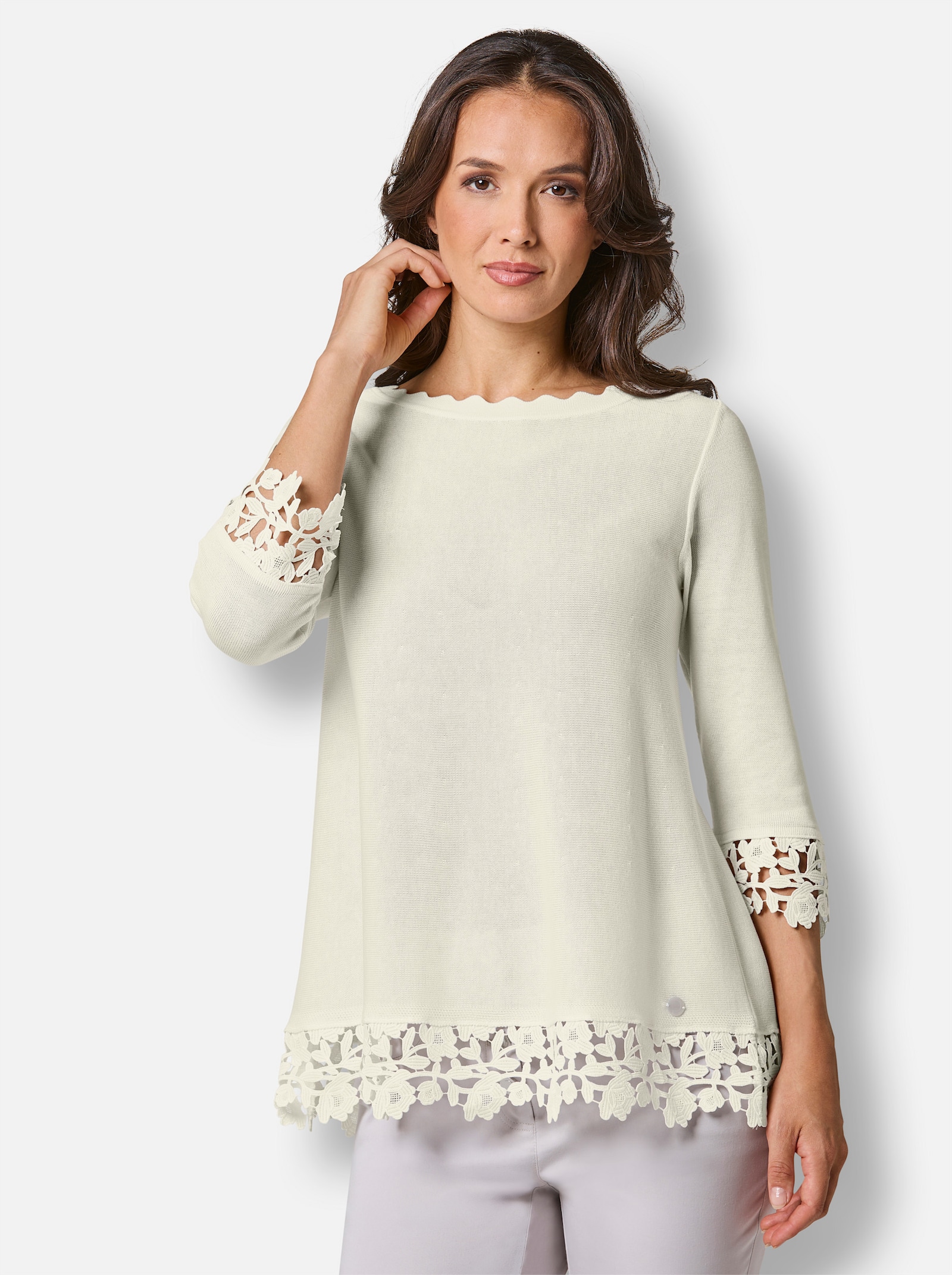 CREATION L PREMIUM Feinstrickpullover mit breitem Spitzenabschlusss - ecru