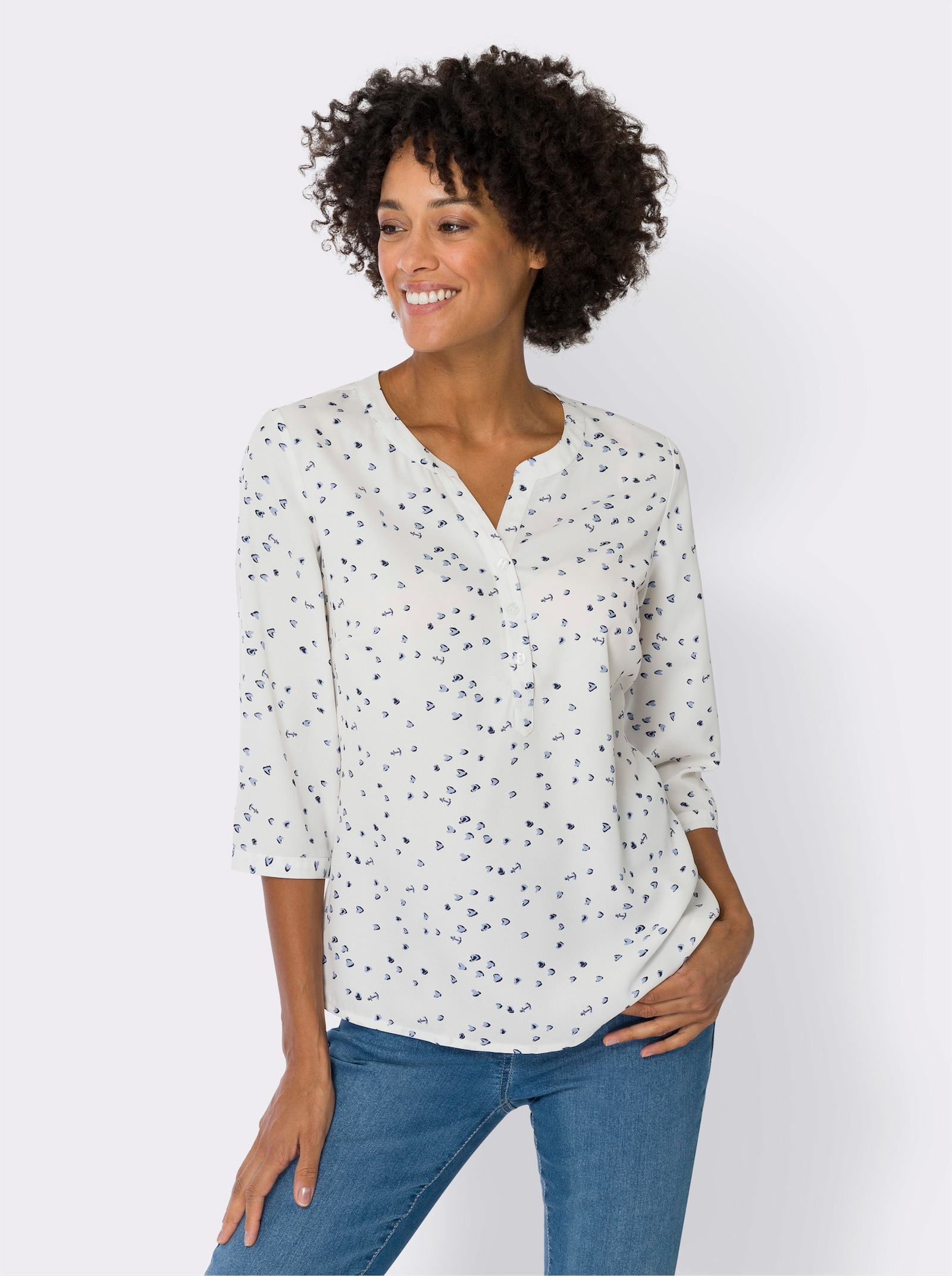 Comfortabele blouse met 3/4-mouwen - ecru/marine geprint