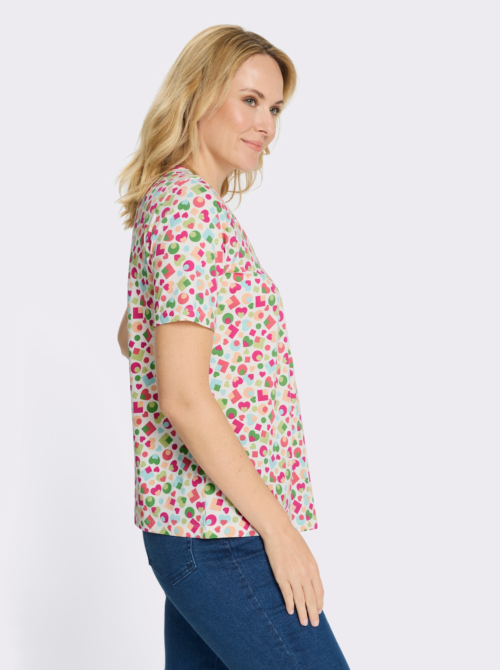 Kurzarmshirt im bunten Allover-Print - ecru-apfel-bedruckt