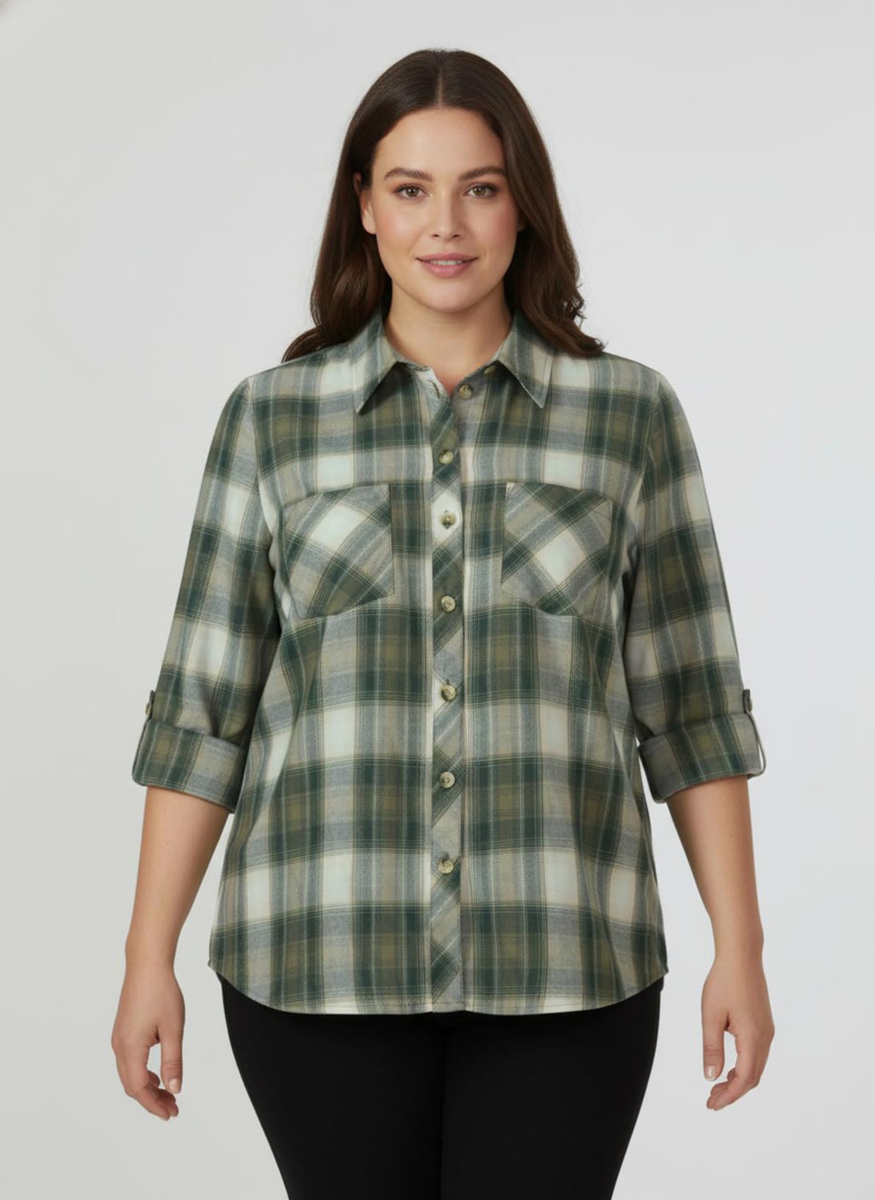 Flanellbluse im Karomuster - oliv-ecru-kariert