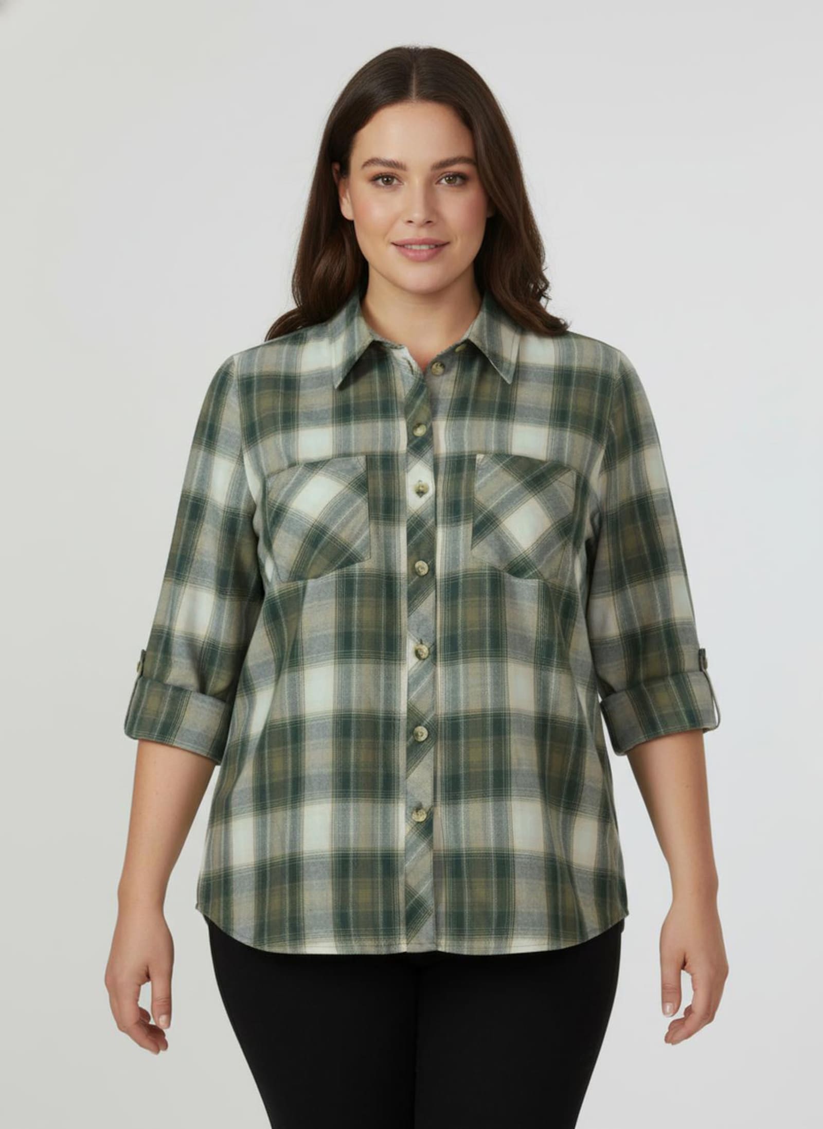 Flanellbluse im Karomuster - oliv-ecru-kariert