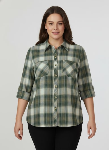 Flanellbluse im Karomuster - oliv-ecru-kariert