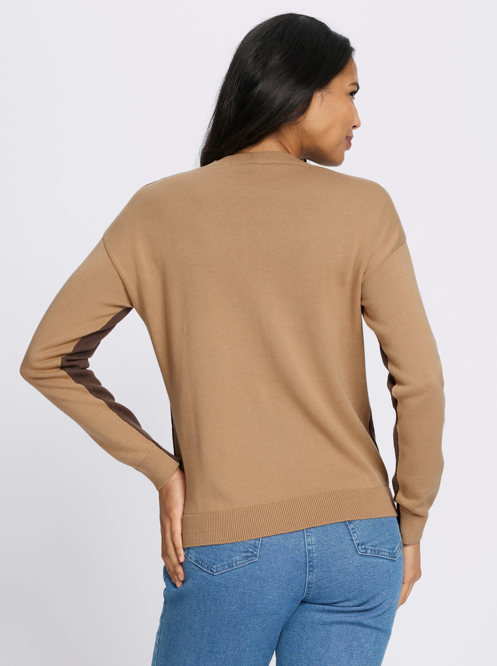 Rundhalspullover mit Kontrasten - schoko-camel