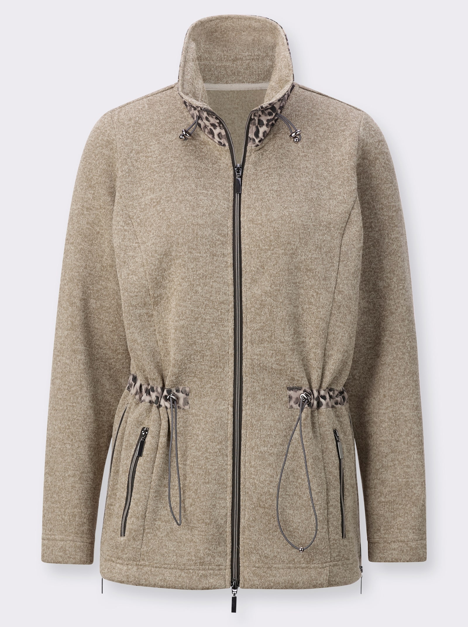 Strickfleecejacke mit Leo-Akzenten - sand-graphit