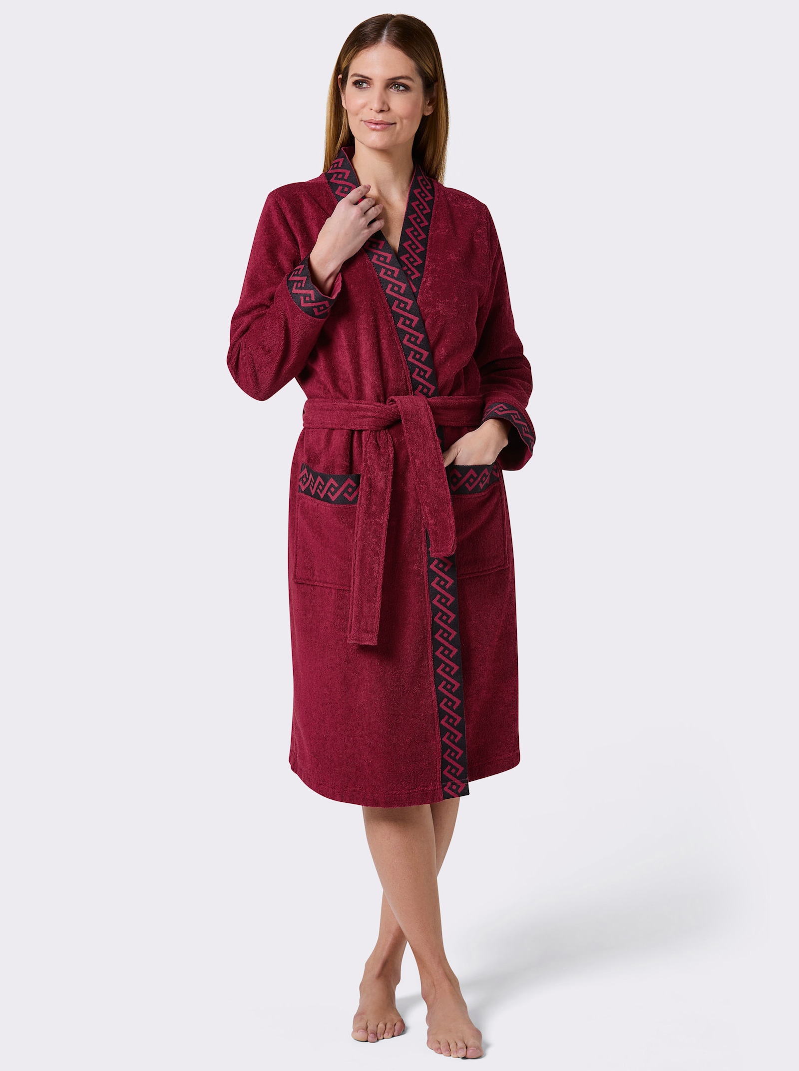 feel good Damenbademantel mit Webblende - dunkelrot-schwarz