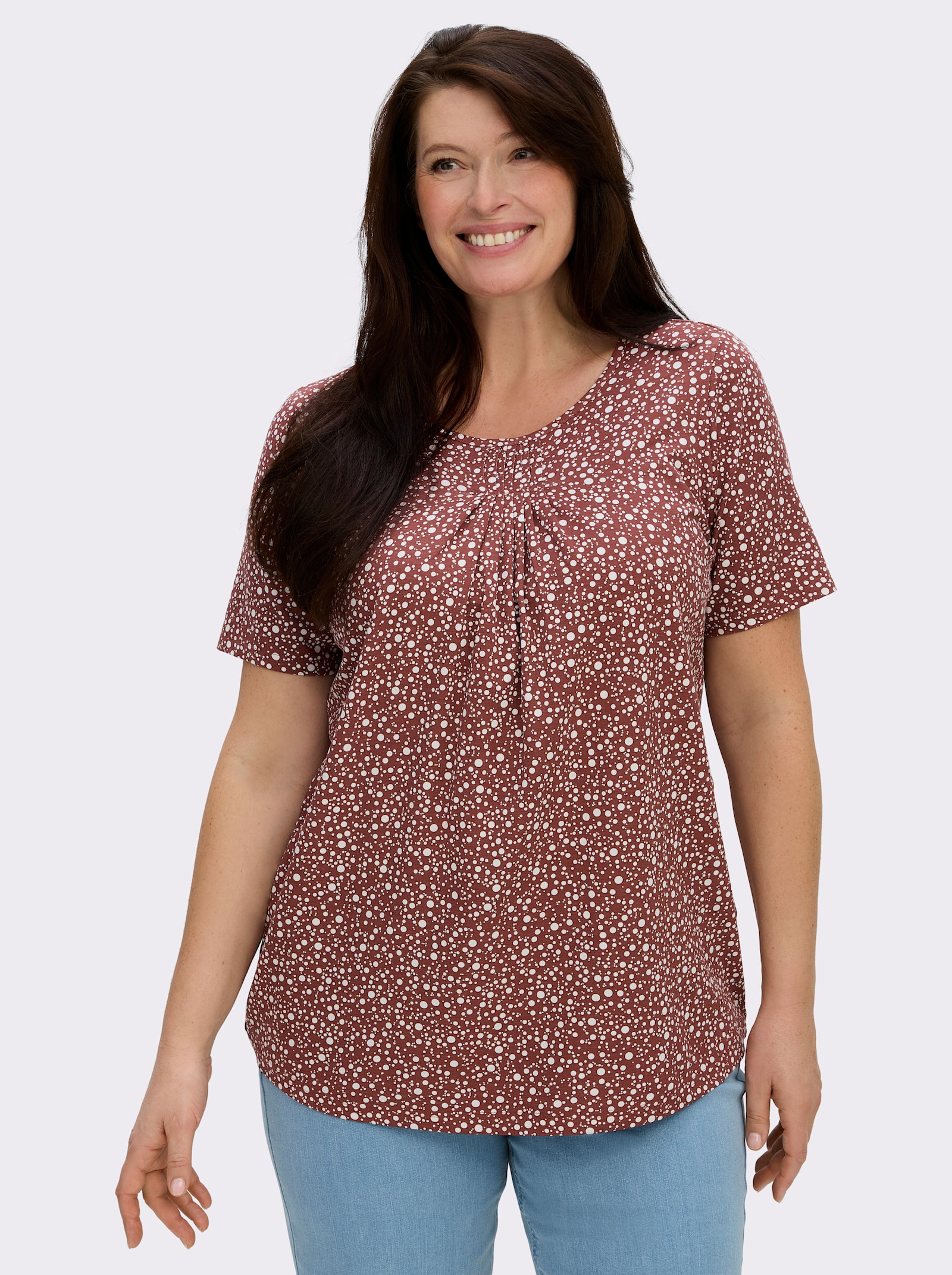 Tunikashirt mit Punkte-Dessin - rotbraun-weiß-bedruckt