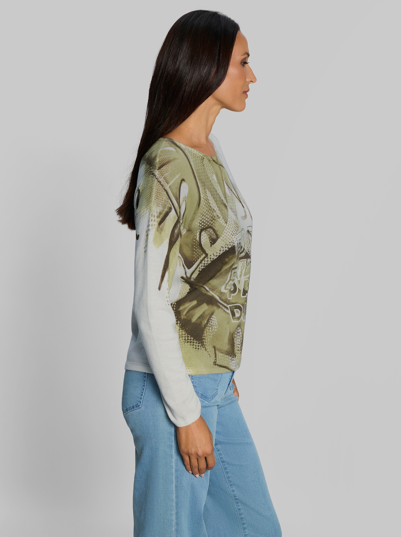heine Baumwollpullover mit Blätterprint - ecru-khaki-bedruckt