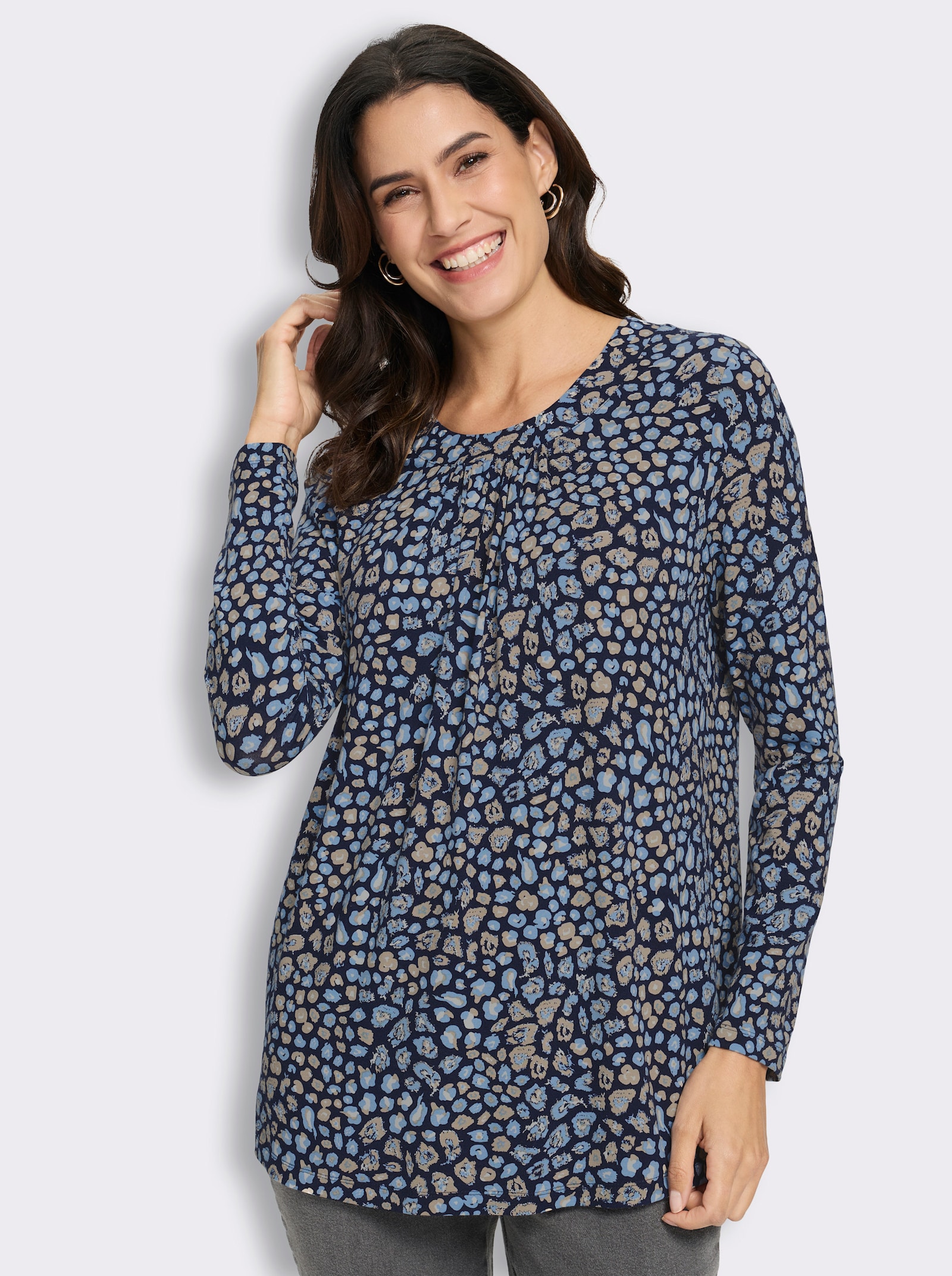 Tunikashirt mit Raffung am Ausschnitt - marine-himmelblau-bedruckt