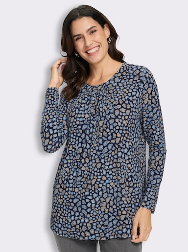 Tunikashirt mit Raffung am Ausschnitt - marine-himmelblau-bedruckt