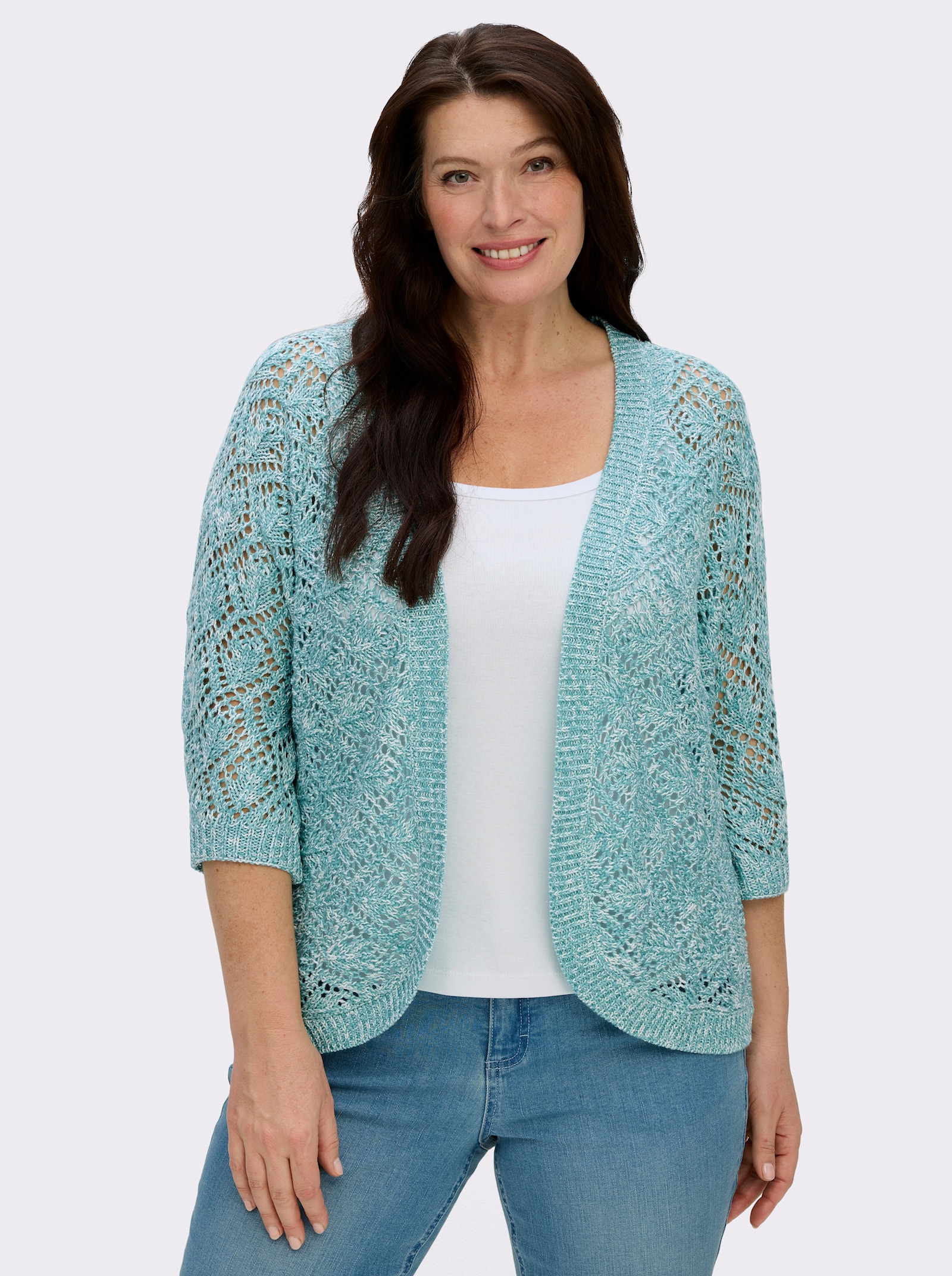 Ajourstrickjacke mit Fledermaus-Ärmeln - ozean-ecru-meliert